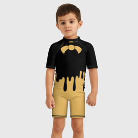 Детский купальный костюм 3D с принтом Bendy And The Ink Machine в городе Новоалтайск, Полиэстер 85%, Спандекс 15% | застежка на молнии на спине | bendy | bendy and the ink machine | бенди | бени | бенни | детская | детям | игра | капли | компьютерная игра | краска | машина | подтеки | розовая | ужастик