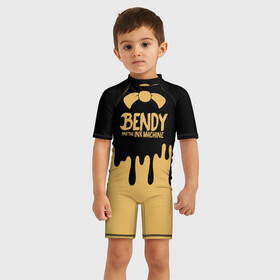 Детский купальный костюм 3D с принтом Bendy And The Ink Machine в городе Новоалтайск, Полиэстер 85%, Спандекс 15% | застежка на молнии на спине | bendy | bendy and the ink machine | бенди | бени | бенни | детская | детям | игра | капли | компьютерная игра | краска | машина | подтеки | розовая | ужастик