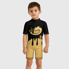 Детский купальный костюм 3D с принтом Bendy And The Ink Machine в городе Новоалтайск, Полиэстер 85%, Спандекс 15% | застежка на молнии на спине | bendy | bendy and the ink machine | бенди | бени | бенни | детская | детям | игра | капли | компьютерная игра | краска | машина | подтеки | розовая | ужастик
