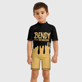 Детский купальный костюм 3D с принтом Bendy And The Ink Machine в городе Новоалтайск, Полиэстер 85%, Спандекс 15% | застежка на молнии на спине | bendy | bendy and the ink machine | бенди | бени | бенни | детская | детям | игра | капли | компьютерная игра | краска | машина | подтеки | розовая | ужастик