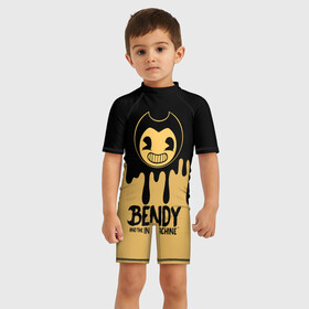Детский купальный костюм 3D с принтом Bendy And The Ink Machine в городе Новоалтайск, Полиэстер 85%, Спандекс 15% | застежка на молнии на спине | bendy | bendy and the ink machine | бенди | бени | бенни | детская | детям | игра | капли | компьютерная игра | краска | машина | подтеки | розовая | ужастик