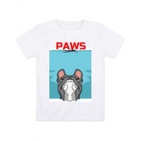 Детская футболка хлопок с принтом PAWS в городе Новоалтайск, 100% хлопок | круглый вырез горловины, полуприлегающий силуэт, длина до линии бедер | Тематика изображения на принте: animal | bulldog | cute | dog | jaws | paws | pet | pog | sea | swim | бульдог | лапки | лапы | мопс | море | питомец | собака | челюсти