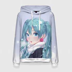 Женская толстовка 3D с принтом Hatsune Miku. Winter в городе Новоалтайск, 100% полиэстер  | двухслойный капюшон со шнурком для регулировки, мягкие манжеты на рукавах и по низу толстовки, спереди карман-кенгуру с мягким внутренним слоем. | Тематика изображения на принте: anime | aquamarin | aquamarine | everlasting | hatsune | j pop | miku | projectdiva | singer | snow | summer | vocaloid | аквамарин | аниме | вокалоид | мику | певица | хацуне | хацунэ