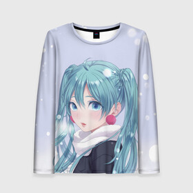 Женский лонгслив 3D с принтом Hatsune Miku. Winter в городе Новоалтайск, 100% полиэстер | длинные рукава, круглый вырез горловины, полуприлегающий силуэт | Тематика изображения на принте: anime | aquamarin | aquamarine | everlasting | hatsune | j pop | miku | projectdiva | singer | snow | summer | vocaloid | аквамарин | аниме | вокалоид | мику | певица | хацуне | хацунэ