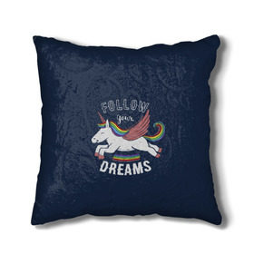 Подушка 3D с принтом Unicorn. Follow your Dreams в городе Новоалтайск, наволочка – 100% полиэстер, наполнитель – холлофайбер (легкий наполнитель, не вызывает аллергию). | состоит из подушки и наволочки. Наволочка на молнии, легко снимается для стирки | Тематика изображения на принте: care | dream | fantasy | horn | horse | magic | night | rainbow | star | stars | unicorn | единорог | звезда | звезды | инрог | конь | лошадь | магия | мечта | ночь | радуга | рог | фантастика | фентези