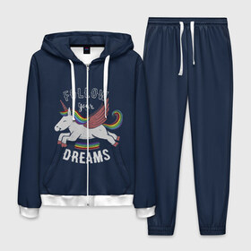Мужской костюм 3D с принтом Unicorn Follow your Dreams в городе Новоалтайск, 100% полиэстер | Манжеты и пояс оформлены тканевой резинкой, двухслойный капюшон со шнурком для регулировки, карманы спереди | Тематика изображения на принте: care | dream | fantasy | horn | horse | magic | night | rainbow | star | stars | unicorn | единорог | звезда | звезды | инрог | конь | лошадь | магия | мечта | ночь | радуга | рог | фантастика | фентези