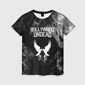 Женская футболка 3D с принтом HOLLYWOOD UNDEAD в городе Новоалтайск, 100% полиэфир ( синтетическое хлопкоподобное полотно) | прямой крой, круглый вырез горловины, длина до линии бедер | charlie scene | danny | funny man | hollywood undead | j dog | johnny 3 tears | logo | music | rock | альтернатива | металл | музыка | музыкальный | рок