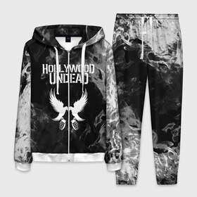 Мужской костюм 3D с принтом HOLLYWOOD UNDEAD в городе Новоалтайск, 100% полиэстер | Манжеты и пояс оформлены тканевой резинкой, двухслойный капюшон со шнурком для регулировки, карманы спереди | charlie scene | danny | funny man | hollywood undead | j dog | johnny 3 tears | logo | music | rock | альтернатива | металл | музыка | музыкальный | рок