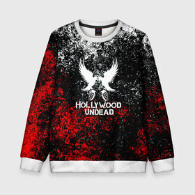 Детский свитшот 3D с принтом HOLLYWOOD UNDEAD в городе Новоалтайск, 100% полиэстер | свободная посадка, прямой крой, мягкая тканевая резинка на рукавах и понизу свитшота | charlie scene | danny | funny man | hollywood undead | j dog | johnny 3 tears | logo | music | rock | альтернатива | металл | музыка | музыкальный | рок