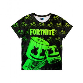 Детская футболка 3D с принтом FORTNITE MARSHMELLO в городе Новоалтайск, 100% гипоаллергенный полиэфир | прямой крой, круглый вырез горловины, длина до линии бедер, чуть спущенное плечо, ткань немного тянется | chapter 2 | fortnite | marshmello | диджей | игры | маршмэллоу | молоток | фортнайт