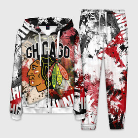 Мужской костюм 3D с принтом Chicago Blackhawks в городе Новоалтайск, 100% полиэстер | Манжеты и пояс оформлены тканевой резинкой, двухслойный капюшон со шнурком для регулировки, карманы спереди | blackhawks | chicago | chicago blackhawks | hockey | nhl | usa | блэкхокс | нхл | спорт | сша | хоккей | чикаго | чикаго блэкхокс | шайба