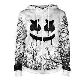 Женская толстовка 3D на молнии с принтом MARSHMELLO HALLOWEEN в городе Новоалтайск, 100% полиэстер | длина до линии бедра, манжеты и пояс оформлены мягкой тканевой резинкой, двухслойный капюшон со шнурком для регулировки, спереди молния, по бокам два кармана | america | dj | halloween | marshmello | marshmello halloween | usa | америка | маршмелло | маршмелло хеллоуин | хеллоуин