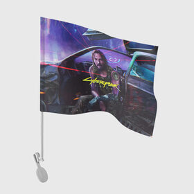 Флаг для автомобиля с принтом CYBERPUNK 2077 - КИАНУ в городе Новоалтайск, 100% полиэстер | Размер: 30*21 см | 2077 | cyber | cyberpunk | demon | glitch | keanu | logo | punk | reeves | samurai | symbol | team | trauma | глитч | демон | киану | кибер | киберпанк | клан | лого | логотип | огонь | панк | ривз | самурай | символ