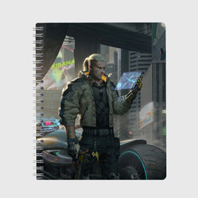 Тетрадь с принтом Cyber Geralt в городе Новоалтайск, 100% бумага | 48 листов, плотность листов — 60 г/м2, плотность картонной обложки — 250 г/м2. Листы скреплены сбоку удобной пружинной спиралью. Уголки страниц и обложки скругленные. Цвет линий — светло-серый
 | cd project red | cyberpunk 2077 | demon | games | geralt | keanu reeves | samurai | the witcher | ведьмак | геральт | демон | игры | киану ривз | киберпанк 2077 | самурай