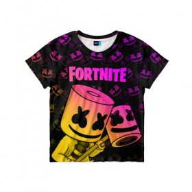 Детская футболка 3D с принтом FORTNITE MARSHMELLO в городе Новоалтайск, 100% гипоаллергенный полиэфир | прямой крой, круглый вырез горловины, длина до линии бедер, чуть спущенное плечо, ткань немного тянется | chapter 2 | fortnite | marshmello | диджей | игры | маршмэллоу | молоток | фортнайт