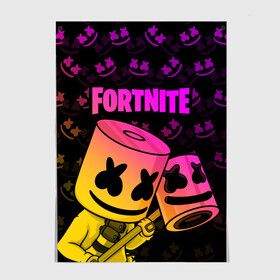 Постер с принтом FORTNITE MARSHMELLO в городе Новоалтайск, 100% бумага
 | бумага, плотность 150 мг. Матовая, но за счет высокого коэффициента гладкости имеет небольшой блеск и дает на свету блики, но в отличии от глянцевой бумаги не покрыта лаком | chapter 2 | fortnite | marshmello | диджей | игры | маршмэллоу | молоток | фортнайт