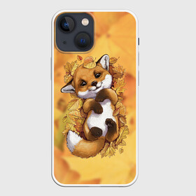 Чехол для iPhone 13 mini с принтом Осенний лисёнок в городе Новоалтайск,  |  | fox | лис | лиса | лисёнок | лисичка | листва | листья | осень | рыжая