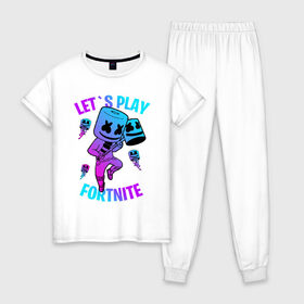 Женская пижама хлопок с принтом FORTNITE x MARSHMELLO в городе Новоалтайск, 100% хлопок | брюки и футболка прямого кроя, без карманов, на брюках мягкая резинка на поясе и по низу штанин | fortnite | fortnite 2 | fortnite x | marshmello | ninja | ninja hyper streamer | ninja streamer | streamer | tyler blevins | маршмелло | ниндзя | фортнайт | фортнайт 2 | фортнайт глава 2