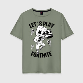 Женская футболка хлопок Oversize с принтом FORTNITE x MARSHMELLO в городе Новоалтайск, 100% хлопок | свободный крой, круглый ворот, спущенный рукав, длина до линии бедер
 | fortnite | fortnite 2 | fortnite x | marshmello | ninja | ninja hyper streamer | ninja streamer | streamer | tyler blevins | маршмелло | ниндзя | фортнайт | фортнайт 2 | фортнайт глава 2