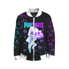 Детский бомбер 3D с принтом FORTNITE x MARSHMELLO в городе Новоалтайск, 100% полиэстер | застегивается на молнию, по бокам два кармана без застежек, мягкие манжеты, по низу бомбера и на воротнике — эластичная резинка | fortnite | fortnite 2 | fortnite x | marshmello | ninja | ninja hyper streamer | ninja streamer | streamer | tyler blevins | маршмелло | ниндзя | фортнайт | фортнайт 2 | фортнайт глава 2