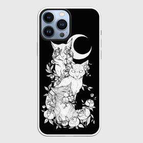 Чехол для iPhone 13 Pro Max с принтом Котики в городе Новоалтайск,  |  | Тематика изображения на принте: котики | полумесяц | розы | цветы | черно белое