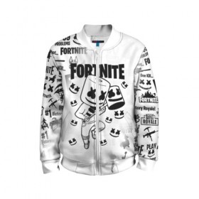 Детский бомбер 3D с принтом FORTNITE MARSHMELLO в городе Новоалтайск, 100% полиэстер | застегивается на молнию, по бокам два кармана без застежек, мягкие манжеты, по низу бомбера и на воротнике — эластичная резинка | fnchap2 | fortnite | fortnite 2 | fortnite x | marshmello | ninja | ninja hyper streamer | ninja streamer | streamer | tyler blevins | маршмелло | ниндзя | фортнайт | фортнайт 2 | фортнайт глава 2