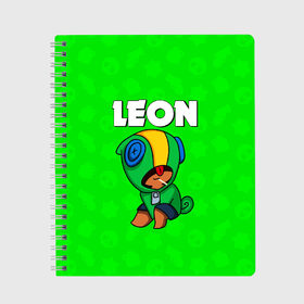 Тетрадь с принтом BRAWL STARS LEON в городе Новоалтайск, 100% бумага | 48 листов, плотность листов — 60 г/м2, плотность картонной обложки — 250 г/м2. Листы скреплены сбоку удобной пружинной спиралью. Уголки страниц и обложки скругленные. Цвет линий — светло-серый
 | Тематика изображения на принте: brawl stars | bull | colt | crow | leon | stars | берли | бо | брок | ворон | джесси | динамайк | дэррил | кольт | леон | мортис | нита | пайпер | пенни | поко | пэм | рикошет | спайк | фрэнк | шелли | эль примо