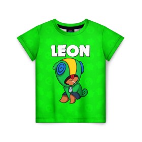 Детская футболка 3D с принтом BRAWL STARS LEON в городе Новоалтайск, 100% гипоаллергенный полиэфир | прямой крой, круглый вырез горловины, длина до линии бедер, чуть спущенное плечо, ткань немного тянется | brawl stars | bull | colt | crow | leon | stars | берли | бо | брок | ворон | джесси | динамайк | дэррил | кольт | леон | мортис | нита | пайпер | пенни | поко | пэм | рикошет | спайк | фрэнк | шелли | эль примо