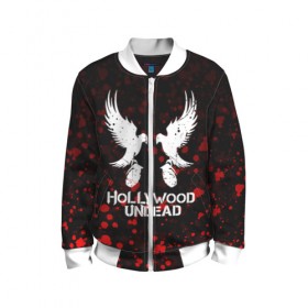 Детский бомбер 3D с принтом HOLLYWOOD UNDEAD в городе Новоалтайск, 100% полиэстер | застегивается на молнию, по бокам два кармана без застежек, мягкие манжеты, по низу бомбера и на воротнике — эластичная резинка | deuce | hollywood undead | hu | j dog | shady jeff | голливуд | голливудская нежить | даниэль мурильо | джордан террелл | джордж артур рейган | дилан альварес | мэттью сент клер | нежить