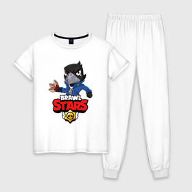 Женская пижама хлопок с принтом BRAWL STARS CROW в городе Новоалтайск, 100% хлопок | брюки и футболка прямого кроя, без карманов, на брюках мягкая резинка на поясе и по низу штанин | brawl stars | bull | colt | crow | leon | stars | берли | бо | брок | ворон | джесси | динамайк | дэррил | кольт | леон | мортис | нита | пайпер | пенни | поко | пэм | рикошет | спайк | фрэнк | шелли | эль примо