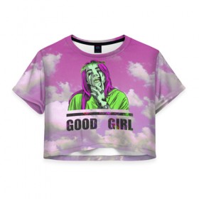 Женская футболка Cropp-top с принтом GOOD GIRL в городе Новоалтайск, 100% полиэстер | круглая горловина, длина футболки до линии талии, рукава с отворотами | bad guy | billi | billie | billie eilish | billy | eilish | pink | retrowave | vaporwave | vhs | айлиш | беляш | били | били айлиш | билли айлиш | биляш | вхс | певица | розовый