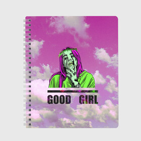 Тетрадь с принтом GOOD GIRL в городе Новоалтайск, 100% бумага | 48 листов, плотность листов — 60 г/м2, плотность картонной обложки — 250 г/м2. Листы скреплены сбоку удобной пружинной спиралью. Уголки страниц и обложки скругленные. Цвет линий — светло-серый
 | Тематика изображения на принте: bad guy | billi | billie | billie eilish | billy | eilish | pink | retrowave | vaporwave | vhs | айлиш | беляш | били | били айлиш | билли айлиш | биляш | вхс | певица | розовый