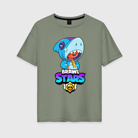 Женская футболка хлопок Oversize с принтом BRAWL STARS LEON SHARK в городе Новоалтайск, 100% хлопок | свободный крой, круглый ворот, спущенный рукав, длина до линии бедер
 | brawl stars | bull | colt | crow | leon | leon shark | shark | stars | акула | берли | ворон | динамайк | кольт | леон | леон акула | нита | спайк | шелли | эль примо