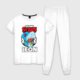 Женская пижама хлопок с принтом BRAWL STARS LEON SHARK в городе Новоалтайск, 100% хлопок | брюки и футболка прямого кроя, без карманов, на брюках мягкая резинка на поясе и по низу штанин | brawl stars | bull | colt | crow | leon | leon shark | shark | stars | акула | берли | ворон | динамайк | кольт | леон | леон акула | нита | спайк | шелли | эль примо
