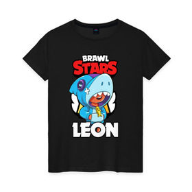 Женская футболка хлопок с принтом BRAWL STARS LEON SHARK в городе Новоалтайск, 100% хлопок | прямой крой, круглый вырез горловины, длина до линии бедер, слегка спущенное плечо | brawl stars | bull | colt | crow | leon | leon shark | shark | stars | акула | берли | ворон | динамайк | кольт | леон | леон акула | нита | спайк | шелли | эль примо
