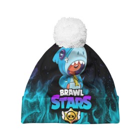 Шапка 3D c помпоном с принтом BRAWL STARS LEON SHARK в городе Новоалтайск, 100% полиэстер | универсальный размер, печать по всей поверхности изделия | Тематика изображения на принте: brawl stars | bull | colt | crow | leon | leon shark | shark | stars | акула | берли | ворон | динамайк | кольт | леон | леон акула | нита | спайк | шелли | эль примо