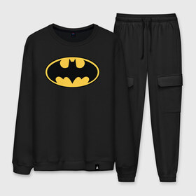 Мужской костюм хлопок с принтом Batman logo в городе Новоалтайск, 100% хлопок | на свитшоте круглая горловина, мягкая резинка по низу. Брюки заужены к низу, на них два вида карманов: два “обычных” по бокам и два объемных, с клапанами, расположенные ниже линии бедра. Брюки с мягкой трикотажной резинкой на поясе и по низу штанин. В поясе для дополнительного комфорта — широкие завязки | bat man | batman | batman comics | caped crusader | comics | dark knight | бетмен | брюс уэйн | бэт мен | бэтмен | тёмный рыцарь