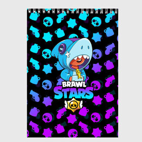 Скетчбук с принтом BRAWL STARS LEON SHARK в городе Новоалтайск, 100% бумага
 | 48 листов, плотность листов — 100 г/м2, плотность картонной обложки — 250 г/м2. Листы скреплены сверху удобной пружинной спиралью | 8 bit | 8 бит | brawl stars | bull | colt | crow | leon | leon shark | shark | stars | акула | берли | ворон | динамайк | кольт | леон | леон акула | нита | спайк | шелли | эль примо