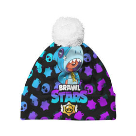 Шапка 3D c помпоном с принтом BRAWL STARS LEON SHARK в городе Новоалтайск, 100% полиэстер | универсальный размер, печать по всей поверхности изделия | 8 bit | 8 бит | brawl stars | bull | colt | crow | leon | leon shark | shark | stars | акула | берли | ворон | динамайк | кольт | леон | леон акула | нита | спайк | шелли | эль примо