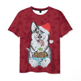 Мужская футболка 3D с принтом Christmas Husky в городе Новоалтайск, 100% полиэфир | прямой крой, круглый вырез горловины, длина до линии бедер | happy new year | santa | дед мороз | каникулы | мороз | новогодний свитер | новый год | оливье | праздник | рождество | санта клаус | свитер новогодний | снег | снегурочка | снежинки