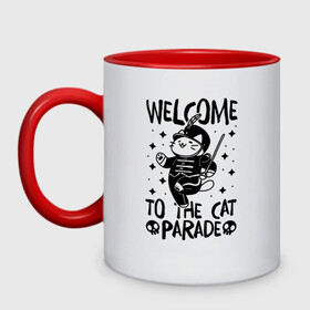 Кружка двухцветная с принтом Welcome to the cat parade в городе Новоалтайск, керамика | объем — 330 мл, диаметр — 80 мм. Цветная ручка и кайма сверху, в некоторых цветах — вся внутренняя часть | gerard way | mcr | my chemical romance | альтернативный | группа | джерард уэй | май кемикал романс | мкр | мой химический роман | мхр | мцр | панк | поп | поппанк | рок | рэй торо