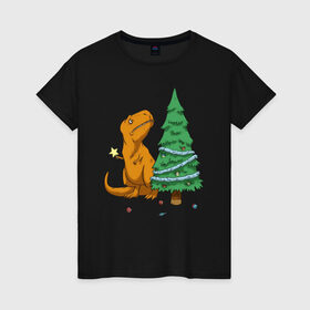 Женская футболка хлопок с принтом T-REX-mas в городе Новоалтайск, 100% хлопок | прямой крой, круглый вырез горловины, длина до линии бедер, слегка спущенное плечо | 2020 | new year | new year 2020 | t rex | новый год | новый год 2020