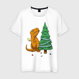 Мужская футболка хлопок с принтом T-REX-mas в городе Новоалтайск, 100% хлопок | прямой крой, круглый вырез горловины, длина до линии бедер, слегка спущенное плечо. | 2020 | new year | new year 2020 | t rex | новый год | новый год 2020