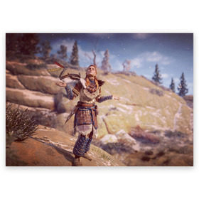 Поздравительная открытка с принтом Horizon Zero Dawn в городе Новоалтайск, 100% бумага | плотность бумаги 280 г/м2, матовая, на обратной стороне линовка и место для марки
 | dawn | horizon | zero | абориген | аборигены | горизонт | девочка | девушка | девушки | игра | игры | компьютерная | компьютерные | новый | нулевой | племена | племя | приставка | приставки | рассвет