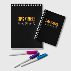 Блокнот с принтом Guns n roses в городе Новоалтайск, 100% бумага | 48 листов, плотность листов — 60 г/м2, плотность картонной обложки — 250 г/м2. Листы скреплены удобной пружинной спиралью. Цвет линий — светло-серый
 | Тематика изображения на принте: axl rose | geffen records | gnr | guns | rock | roses | slash | гансы | пистолеты | розы | рок | слеш | эксл роуз