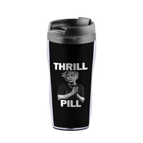 Термокружка-непроливайка с принтом Thrill pill в городе Новоалтайск, внутренняя часть — пищевой пластик, наружная часть — прозрачный пластик, между ними — полиграфическая вставка с рисунком | объем — 350 мл, герметичная крышка | pill | thrill | thrill pill | пилл | тимур самедов | трилл | трилл пилл
