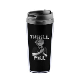 Термокружка-непроливайка с принтом Thrill pill в городе Новоалтайск, внутренняя часть — пищевой пластик, наружная часть — прозрачный пластик, между ними — полиграфическая вставка с рисунком | объем — 350 мл, герметичная крышка | pill | thrill | thrill pill | пилл | тимур самедов | трилл | трилл пилл