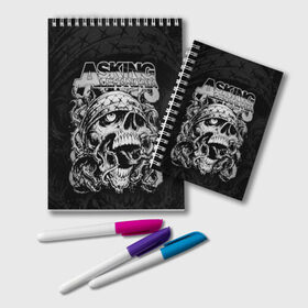 Блокнот с принтом Asking Alexandria в городе Новоалтайск, 100% бумага | 48 листов, плотность листов — 60 г/м2, плотность картонной обложки — 250 г/м2. Листы скреплены удобной пружинной спиралью. Цвет линий — светло-серый
 | Тематика изображения на принте: asking alexandria | аскинг александриа | группы | метал | музыка | рок | хэви метал | электроникор