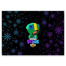 Поздравительная открытка с принтом Новогодний Brawl Stars LEON в городе Новоалтайск, 100% бумага | плотность бумаги 280 г/м2, матовая, на обратной стороне линовка и место для марки
 | Тематика изображения на принте: brawl | brawl stars | crow | leon | stars | бравл | бравл старс | браво старс | игра | компьютерная | кров | леон | новогодний | новый год | онлайн | с новым годом | снежинки | старс