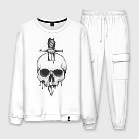 Мужской костюм хлопок с принтом Skull with dagger в городе Новоалтайск, 100% хлопок | на свитшоте круглая горловина, мягкая резинка по низу. Брюки заужены к низу, на них два вида карманов: два “обычных” по бокам и два объемных, с клапанами, расположенные ниже линии бедра. Брюки с мягкой трикотажной резинкой на поясе и по низу штанин. В поясе для дополнительного комфорта — широкие завязки | Тематика изображения на принте: death | fear | rose | rose and skull | rose and snake | skull | skull and snake | skulls | snake | snakes | змеи | змея | роза | роза и змея | роза и череп | череп | череп и змея | черепа